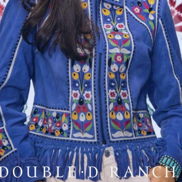 Double D Ranch leather fringe jacket floral embroidered cross stitch RTL $1200 - Picture 5 of 9